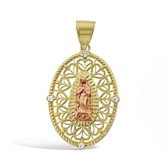 14K Yellow Rose Gold Virgin Mary Lady Guadalupe Oval Pendant CZ Accents - Picture 1 of 3